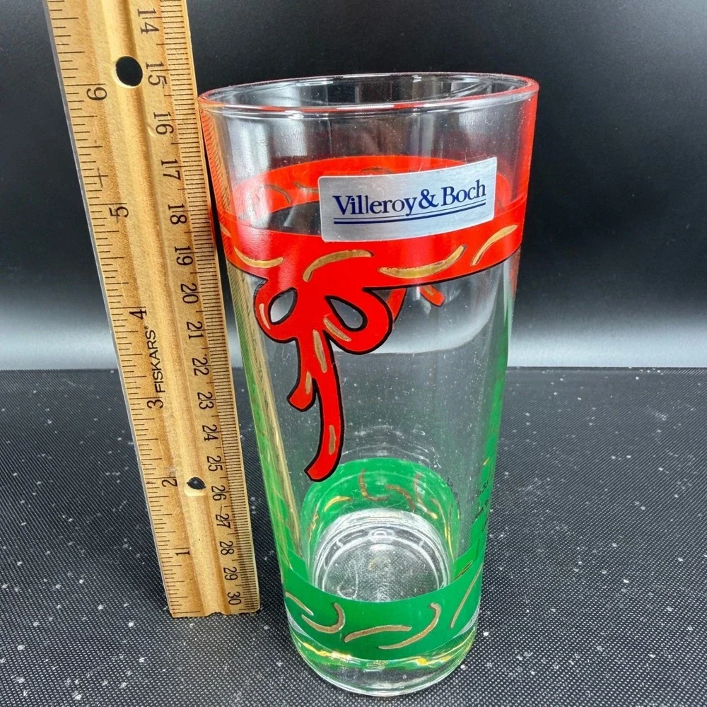 Villeroy & Boch Christmas Highball Glasses Set‎ 4 Red Ribbon Green France NEW